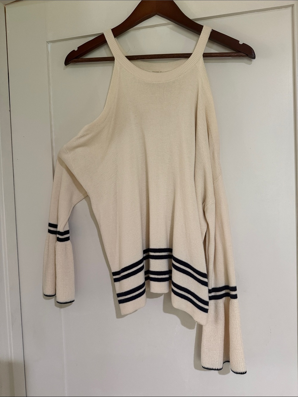 Cream Off-Shoulder Sweater with Navy Stripe Details